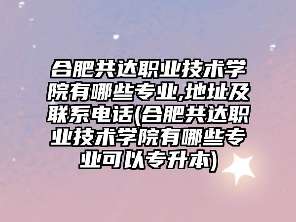 合肥共達(dá)職業(yè)技術(shù)學(xué)院有哪些專業(yè),地址及聯(lián)系電話(合肥共達(dá)職業(yè)技術(shù)學(xué)院有哪些專業(yè)可以專升本)